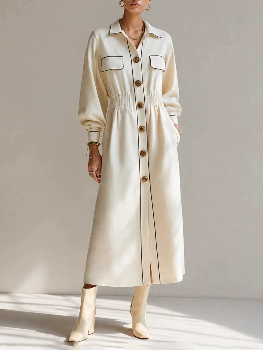 ZARA Contrast Stitch Shirtdress Notch Lapel Shirred Waist Pockets Long Sleeve